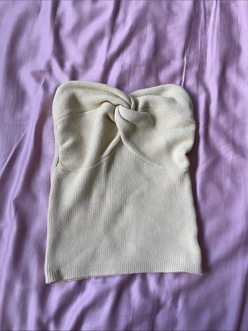 Cream Twist-Front Strapless Knit Top